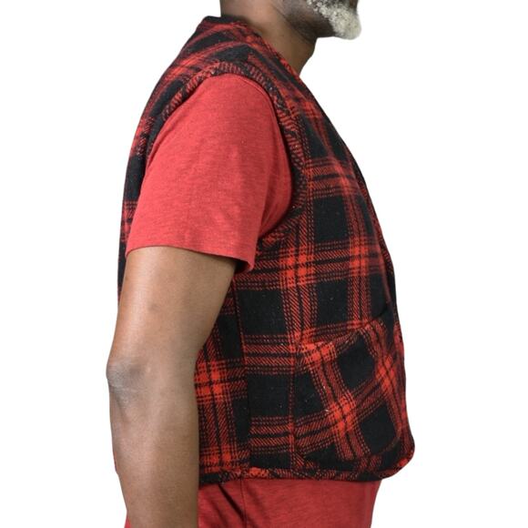Vintage Flannel Vest Red Buffalo Plaid Sherpa Zip Front Fleece Wool Retro Large - Picture 8 of 12